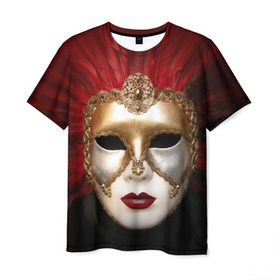 Мужская футболка 3D с принтом Венецианская маска в Петрозаводске, 100% полиэфир | прямой крой, круглый вырез горловины, длина до линии бедер | Тематика изображения на принте: венеция | италия | карнавал | красный | лицо | перья
