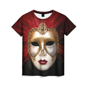 Женская футболка 3D с принтом Венецианская маска в Петрозаводске, 100% полиэфир ( синтетическое хлопкоподобное полотно) | прямой крой, круглый вырез горловины, длина до линии бедер | венеция | италия | карнавал | красный | лицо | перья