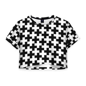 Женская футболка 3D укороченная с принтом Крест в Петрозаводске, 100% полиэстер | круглая горловина, длина футболки до линии талии, рукава с отворотами | cross | крест | оптическая иллюзия | орнамент | узор | чёрно белый
