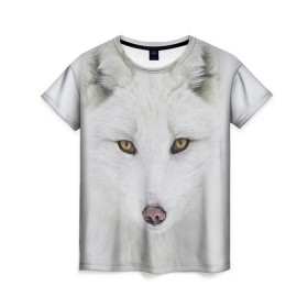 Женская футболка 3D с принтом Полярная лиса в Петрозаводске, 100% полиэфир ( синтетическое хлопкоподобное полотно) | прямой крой, круглый вырез горловины, длина до линии бедер | animal | polar fox | predator | sly | white | wild | белая | дикая | животное | лиса | полярная | хитрая | хищник