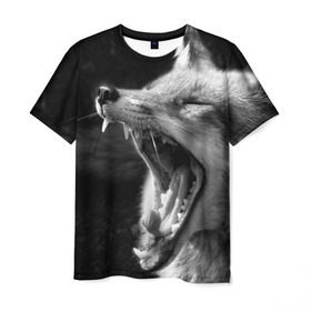 Мужская футболка 3D с принтом Лиса в Петрозаводске, 100% полиэфир | прямой крой, круглый вырез горловины, длина до линии бедер | animal | bw | fox | jaws | predator | sly | teeth | wild | yawn | дикая | животное | зевает | зубы | лиса | пасть | хитрая | хищник | чб