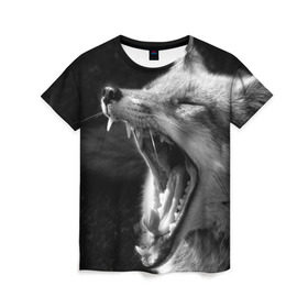 Женская футболка 3D с принтом Лиса в Петрозаводске, 100% полиэфир ( синтетическое хлопкоподобное полотно) | прямой крой, круглый вырез горловины, длина до линии бедер | animal | bw | fox | jaws | predator | sly | teeth | wild | yawn | дикая | животное | зевает | зубы | лиса | пасть | хитрая | хищник | чб