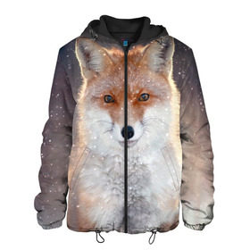 Мужская куртка 3D с принтом Лиса в Петрозаводске, ткань верха — 100% полиэстер, подклад — флис | прямой крой, подол и капюшон оформлены резинкой с фиксаторами, два кармана без застежек по бокам, один большой потайной карман на груди. Карман на груди застегивается на липучку | animal | baby | fox | predator | red | sly | snow | view | wild | winter | взгляд | дикая | животное | зима | лиса | малыш | рыжая | снег | хитрая | хищник