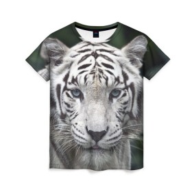 Женская футболка 3D с принтом Белый тигр в Петрозаводске, 100% полиэфир ( синтетическое хлопкоподобное полотно) | прямой крой, круглый вырез горловины, длина до линии бедер | animal | jungle | look | predator | tiger | white | wild | белый | взгляд | джунгли | дикий | животное | тигр | хищник