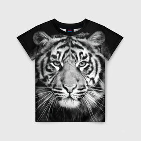 Детская футболка 3D с принтом Тигр в Петрозаводске, 100% гипоаллергенный полиэфир | прямой крой, круглый вырез горловины, длина до линии бедер, чуть спущенное плечо, ткань немного тянется | Тематика изображения на принте: animal | black   white | look | predator | tiger | wild | взгляд | дикий | животное | тигр | хищник | черно   белый