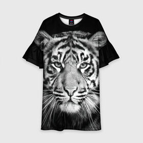 Детское платье 3D с принтом Тигр в Петрозаводске, 100% полиэстер | прямой силуэт, чуть расширенный к низу. Круглая горловина, на рукавах — воланы | animal | black   white | look | predator | tiger | wild | взгляд | дикий | животное | тигр | хищник | черно   белый