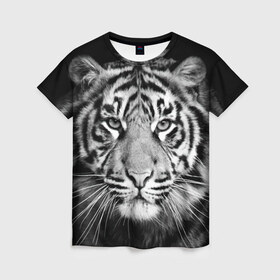 Женская футболка 3D с принтом Тигр в Петрозаводске, 100% полиэфир ( синтетическое хлопкоподобное полотно) | прямой крой, круглый вырез горловины, длина до линии бедер | animal | black   white | look | predator | tiger | wild | взгляд | дикий | животное | тигр | хищник | черно   белый