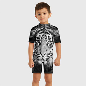 Детский купальный костюм 3D с принтом Тигр в Петрозаводске, Полиэстер 85%, Спандекс 15% | застежка на молнии на спине | animal | black   white | look | predator | tiger | wild | взгляд | дикий | животное | тигр | хищник | черно   белый