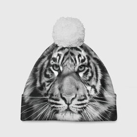 Шапка 3D c помпоном с принтом Тигр в Петрозаводске, 100% полиэстер | универсальный размер, печать по всей поверхности изделия | animal | black   white | look | predator | tiger | wild | взгляд | дикий | животное | тигр | хищник | черно   белый