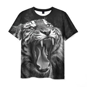 Мужская футболка 3D с принтом Тигр в Петрозаводске, 100% полиэфир | прямой крой, круглый вырез горловины, длина до линии бедер | animal | black   white | fangs | jaws | jungle | predator | teeth | tiger | wild | джунгли | дикий | животное | клыки | оскал | пасть | тигр | хищник | черно   белый