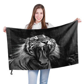 Флаг 3D с принтом Тигр в Петрозаводске, 100% полиэстер | плотность ткани — 95 г/м2, размер — 67 х 109 см. Принт наносится с одной стороны | animal | black   white | fangs | jaws | jungle | predator | teeth | tiger | wild | джунгли | дикий | животное | клыки | оскал | пасть | тигр | хищник | черно   белый