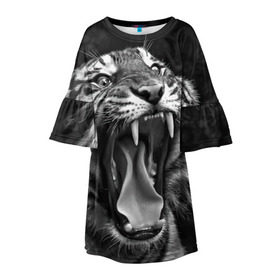 Детское платье 3D с принтом Тигр в Петрозаводске, 100% полиэстер | прямой силуэт, чуть расширенный к низу. Круглая горловина, на рукавах — воланы | animal | black   white | fangs | jaws | jungle | predator | teeth | tiger | wild | джунгли | дикий | животное | клыки | оскал | пасть | тигр | хищник | черно   белый
