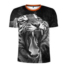 Мужская футболка 3D спортивная с принтом Тигр в Петрозаводске, 100% полиэстер с улучшенными характеристиками | приталенный силуэт, круглая горловина, широкие плечи, сужается к линии бедра | animal | black   white | fangs | jaws | jungle | predator | teeth | tiger | wild | джунгли | дикий | животное | клыки | оскал | пасть | тигр | хищник | черно   белый