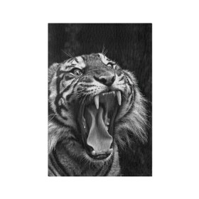 Обложка для паспорта матовая кожа с принтом Тигр в Петрозаводске, натуральная матовая кожа | размер 19,3 х 13,7 см; прозрачные пластиковые крепления | Тематика изображения на принте: animal | black   white | fangs | jaws | jungle | predator | teeth | tiger | wild | джунгли | дикий | животное | клыки | оскал | пасть | тигр | хищник | черно   белый