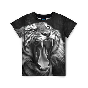 Детская футболка 3D с принтом Тигр в Петрозаводске, 100% гипоаллергенный полиэфир | прямой крой, круглый вырез горловины, длина до линии бедер, чуть спущенное плечо, ткань немного тянется | animal | black   white | fangs | jaws | jungle | predator | teeth | tiger | wild | джунгли | дикий | животное | клыки | оскал | пасть | тигр | хищник | черно   белый
