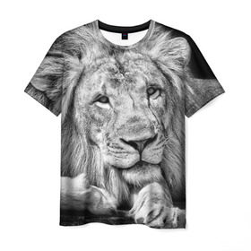 Мужская футболка 3D с принтом Лев в Петрозаводске, 100% полиэфир | прямой крой, круглый вырез горловины, длина до линии бедер | animal | black   white | king | lies | lion | look | predator | wild | взгляд | дикий | животное | зверь | лев | лежит | хищник | царь | черно   белый