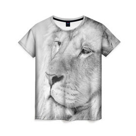 Женская футболка 3D с принтом Лев в Петрозаводске, 100% полиэфир ( синтетическое хлопкоподобное полотно) | прямой крой, круглый вырез горловины, длина до линии бедер | animal | black   white | king | lion | look | predator | wild | взгляд | дикий | животное | зверь | лев | хищник | царь | черно   белый