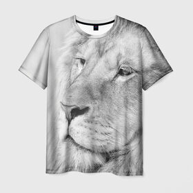 Мужская футболка 3D с принтом Лев в Петрозаводске, 100% полиэфир | прямой крой, круглый вырез горловины, длина до линии бедер | animal | black   white | king | lion | look | predator | wild | взгляд | дикий | животное | зверь | лев | хищник | царь | черно   белый