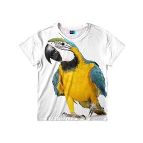 Детская футболка 3D с принтом Попугай ара в Петрозаводске, 100% гипоаллергенный полиэфир | прямой крой, круглый вырез горловины, длина до линии бедер, чуть спущенное плечо, ткань немного тянется | Тематика изображения на принте: желтый | птица | синий | экзотика