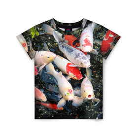 Детская футболка 3D с принтом Koi Fish (карпы кои) в Петрозаводске, 100% гипоаллергенный полиэфир | прямой крой, круглый вырез горловины, длина до линии бедер, чуть спущенное плечо, ткань немного тянется | Тематика изображения на принте: bright | brocade | carp | color | decorative | depth | exotic | fish | koi | koi fish | sea | water | вода | глубина | декоративные | карпы | кои | море | парчовый | рыбки | цвет | экзотические | яркий