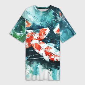 Платье-футболка 3D с принтом Koi Fish (карпы кои) в Петрозаводске,  |  | bright | brocade | carp | color | decorative | depth | exotic | fish | koi | koi fish | sea | water | вода | глубина | декоративные | карпы | кои | море | парчовый | рыбки | цвет | экзотические | яркий