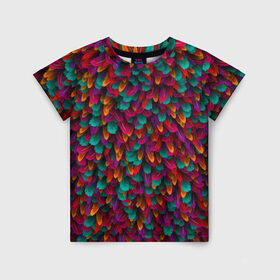 Детская футболка 3D с принтом Перья в Петрозаводске, 100% гипоаллергенный полиэфир | прямой крой, круглый вырез горловины, длина до линии бедер, чуть спущенное плечо, ткань немного тянется | Тематика изображения на принте: петух | попугай | птица | разноцветный | текстура | чудо
