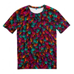 Мужская футболка 3D с принтом Перья в Петрозаводске, 100% полиэфир | прямой крой, круглый вырез горловины, длина до линии бедер | петух | попугай | птица | разноцветный | текстура | чудо
