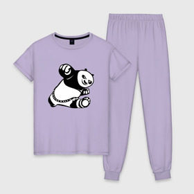 Женская пижама хлопок с принтом Панда в Петрозаводске, 100% хлопок | брюки и футболка прямого кроя, без карманов, на брюках мягкая резинка на поясе и по низу штанин | кунг фу | мульт | панда