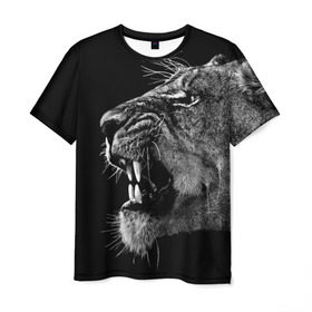 Мужская футболка 3D с принтом Львица в Петрозаводске, 100% полиэфир | прямой крой, круглый вырез горловины, длина до линии бедер | animal | fangs | head | lion | lioness | predator | teeth | wild | голова | дикая | животное | клыки | лев | львица | оскал | хищник