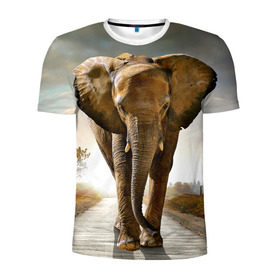 Мужская футболка 3D спортивная с принтом Слон в Петрозаводске, 100% полиэстер с улучшенными характеристиками | приталенный силуэт, круглая горловина, широкие плечи, сужается к линии бедра | africa | animal | big | elephant | go | road | savannah | wild | африка | большой | дикий | дорога | животное | идет | саванна | слон