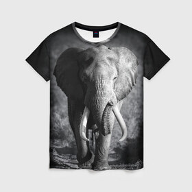 Женская футболка 3D с принтом Слон в Петрозаводске, 100% полиэфир ( синтетическое хлопкоподобное полотно) | прямой крой, круглый вырез горловины, длина до линии бедер | africa | animal | big | black   white | elephant | go | road | savannah | wild | африка | большой | дикий | дорога | животное | идет | саванна | слон | черно   белый