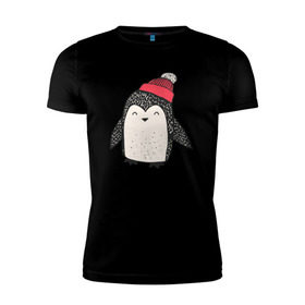 Мужская футболка премиум с принтом Пингвин в шапке в Петрозаводске, 92% хлопок, 8% лайкра | приталенный силуэт, круглый вырез ворота, длина до линии бедра, короткий рукав | милота