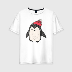 Женская футболка хлопок Oversize с принтом Пингвин в шапке в Петрозаводске, 100% хлопок | свободный крой, круглый ворот, спущенный рукав, длина до линии бедер
 | милота