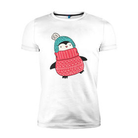 Мужская футболка премиум с принтом Пингвин в шапке в Петрозаводске, 92% хлопок, 8% лайкра | приталенный силуэт, круглый вырез ворота, длина до линии бедра, короткий рукав | 