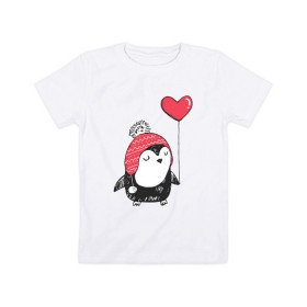 Детская футболка хлопок с принтом Пингвин с шариком в Петрозаводске, 100% хлопок | круглый вырез горловины, полуприлегающий силуэт, длина до линии бедер | милота