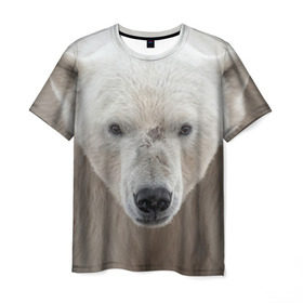 Мужская футболка 3D с принтом Белый медведь в Петрозаводске, 100% полиэфир | прямой крой, круглый вырез горловины, длина до линии бедер | Тематика изображения на принте: animal | bear | eyes | head | north | polar | predator | white | wild | белый | взгляд | голова | дикий | животное | медведь | полярный | север | хищник
