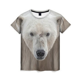 Женская футболка 3D с принтом Белый медведь в Петрозаводске, 100% полиэфир ( синтетическое хлопкоподобное полотно) | прямой крой, круглый вырез горловины, длина до линии бедер | animal | bear | eyes | head | north | polar | predator | white | wild | белый | взгляд | голова | дикий | животное | медведь | полярный | север | хищник