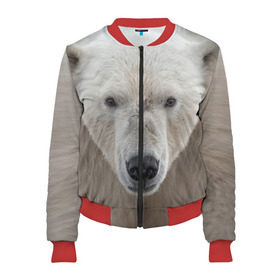 Женский бомбер 3D с принтом Белый медведь в Петрозаводске, 100% полиэстер | застегивается на молнию, по бокам два кармана без застежек, мягкие манжеты, по низу бомбера и на воротнике — эластичная резинка | animal | bear | eyes | head | north | polar | predator | white | wild | белый | взгляд | голова | дикий | животное | медведь | полярный | север | хищник