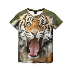 Женская футболка 3D с принтом Тигр в Петрозаводске, 100% полиэфир ( синтетическое хлопкоподобное полотно) | прямой крой, круглый вырез горловины, длина до линии бедер | angry | animal | beast | jaws | predator | teeth | tiger | животное | зверь | злой | клыки | оскал | пасть | тигр | хищник