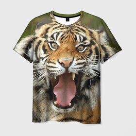 Мужская футболка 3D с принтом Тигр в Петрозаводске, 100% полиэфир | прямой крой, круглый вырез горловины, длина до линии бедер | angry | animal | beast | jaws | predator | teeth | tiger | животное | зверь | злой | клыки | оскал | пасть | тигр | хищник