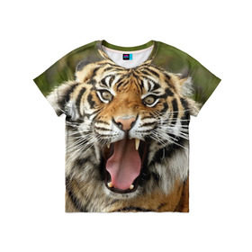 Детская футболка 3D с принтом Тигр в Петрозаводске, 100% гипоаллергенный полиэфир | прямой крой, круглый вырез горловины, длина до линии бедер, чуть спущенное плечо, ткань немного тянется | Тематика изображения на принте: angry | animal | beast | jaws | predator | teeth | tiger | животное | зверь | злой | клыки | оскал | пасть | тигр | хищник