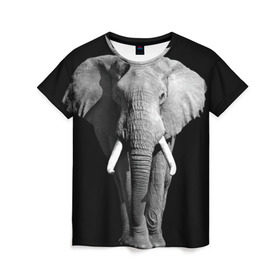 Женская футболка 3D с принтом Слон в Петрозаводске, 100% полиэфир ( синтетическое хлопкоподобное полотно) | прямой крой, круглый вырез горловины, длина до линии бедер | africa | big | black   white | elephant is an animal | shroud | tusks | африка | бивни | большой | животное | идет | савана | слон | черно   белый