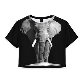 Женская футболка 3D укороченная с принтом Слон в Петрозаводске, 100% полиэстер | круглая горловина, длина футболки до линии талии, рукава с отворотами | africa | big | black   white | elephant is an animal | shroud | tusks | африка | бивни | большой | животное | идет | савана | слон | черно   белый
