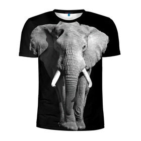 Мужская футболка 3D спортивная с принтом Слон в Петрозаводске, 100% полиэстер с улучшенными характеристиками | приталенный силуэт, круглая горловина, широкие плечи, сужается к линии бедра | africa | big | black   white | elephant is an animal | shroud | tusks | африка | бивни | большой | животное | идет | савана | слон | черно   белый