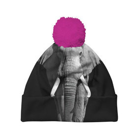 Шапка 3D c помпоном с принтом Слон в Петрозаводске, 100% полиэстер | универсальный размер, печать по всей поверхности изделия | africa | big | black   white | elephant is an animal | shroud | tusks | африка | бивни | большой | животное | идет | савана | слон | черно   белый