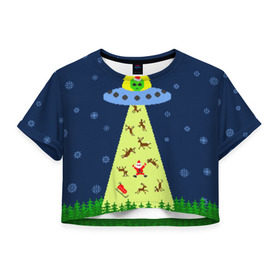 Женская футболка 3D укороченная с принтом Похищение Санта Клауса в Петрозаводске, 100% полиэстер | круглая горловина, длина футболки до линии талии, рукава с отворотами | вязанный | дед мороз | нлоб инопланетяне | новый год | рождество | свитер