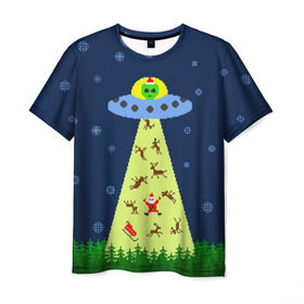 Мужская футболка 3D с принтом Похищение Санта Клауса в Петрозаводске, 100% полиэфир | прямой крой, круглый вырез горловины, длина до линии бедер | вязанный | дед мороз | нлоб инопланетяне | новый год | рождество | свитер
