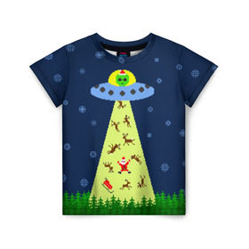 Детская футболка 3D с принтом Похищение Санта Клауса в Петрозаводске, 100% гипоаллергенный полиэфир | прямой крой, круглый вырез горловины, длина до линии бедер, чуть спущенное плечо, ткань немного тянется | Тематика изображения на принте: вязанный | дед мороз | нлоб инопланетяне | новый год | рождество | свитер
