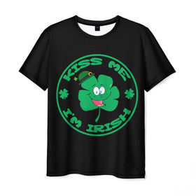 Мужская футболка 3D с принтом Ireland, Kiss me, I`m Irish в Петрозаводске, 100% полиэфир | прямой крой, круглый вырез горловины, длина до линии бедер | Тематика изображения на принте: animation | background | black | clover | four | green | hat | im irish | ireland | kiss me | leaf | petal | printing | smile | анимация | зелёный | ирландец | ирландия | клевер | лепесток | листок | меня | печать | поцелуй | улыбка | фон | черный | четыр