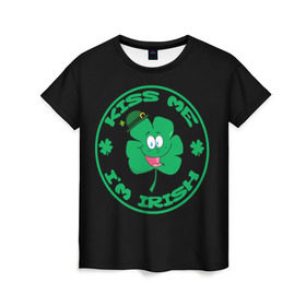 Женская футболка 3D с принтом Ireland, Kiss me, I`m Irish в Петрозаводске, 100% полиэфир ( синтетическое хлопкоподобное полотно) | прямой крой, круглый вырез горловины, длина до линии бедер | Тематика изображения на принте: animation | background | black | clover | four | green | hat | im irish | ireland | kiss me | leaf | petal | printing | smile | анимация | зелёный | ирландец | ирландия | клевер | лепесток | листок | меня | печать | поцелуй | улыбка | фон | черный | четыр